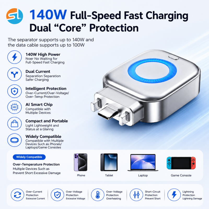 140W USB-C Fast Charging Power Separator Adapter – Dual Core Protection