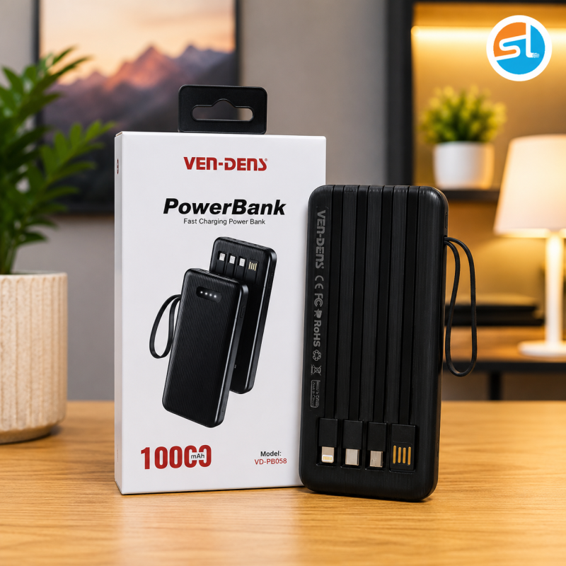 Ven-Dens VD-PB058 10000mAh Power Bank with Built-in Charging Cable
